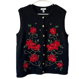 Vintage Christmas Red Poinsettia Flowers Button Up Sweater Vest- Size XL